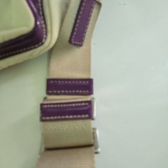 Prada Vintage Tessuto Beige Cloth Rare Purple Patent Leather Trim Crossbody Bag
